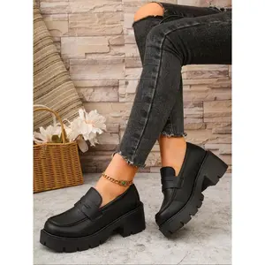 Women's Gothic style shoes, black, thick soled high heels, round toe design, fashionable and comfortable daily wear, casual PU leather shoes