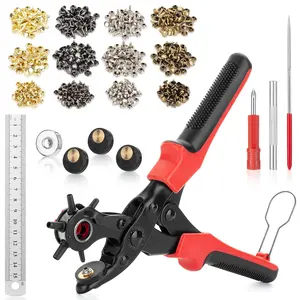 Leather Hole Punch Tool Set with 240 Leather Rivets, Red Handle, Multi Punch Sizes, Rotary Belt Hole Puncher for Leathers, Belts, Straps, Pet Collars, Shoes, Saddles, Canvas & DIY Crafts