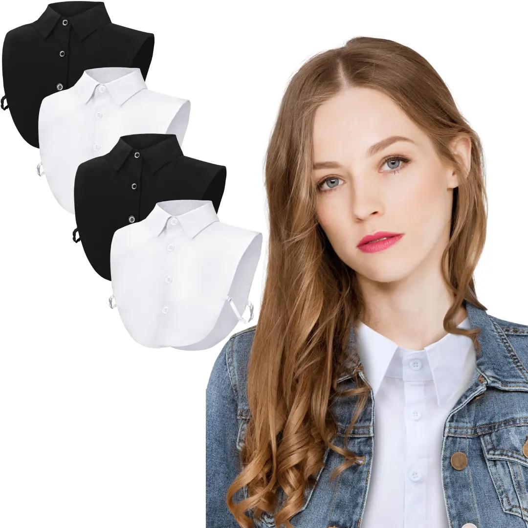 Women's Fake Collar Set, 4-Piece Solid Color Comfortable Cotton Dickey Collars, Detachable & Adjustable with Elastic Bands for Business Commute