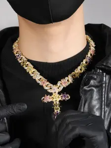 Multicolor Zircon Necklace, Copper Material, Bling Luxury Style, Trendy Streetwear Jewelry Gift, Unisex Design, Cross Pendant