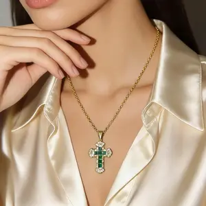 18K Gold Plated Emerald Green Cross Necklace - The Perfect Meaningful Mother’s Day Gift to Honor Mom’s Faith and Love