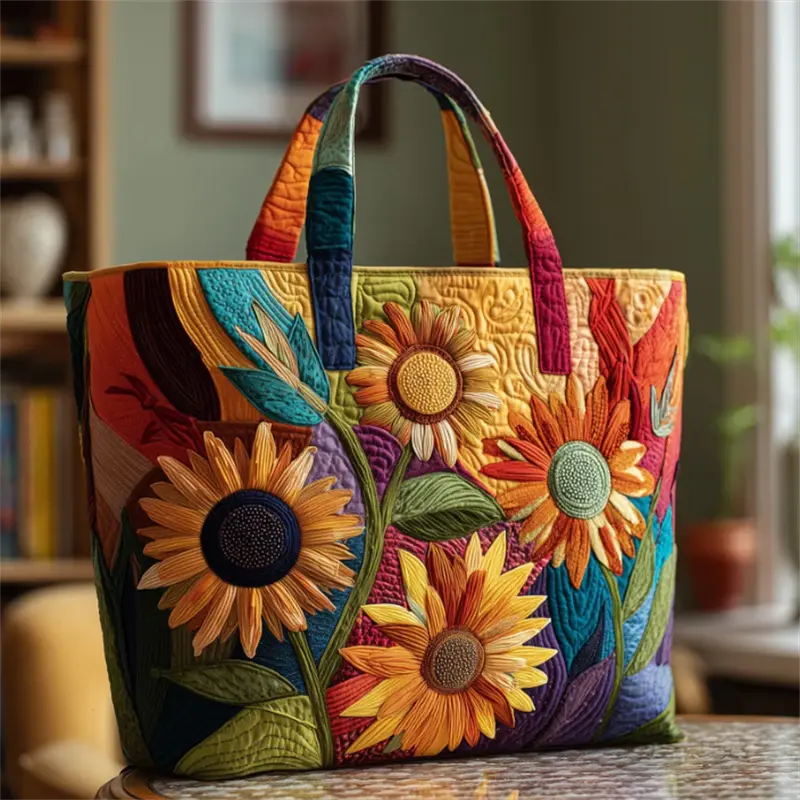 Travel Bags, Colorful Sunflower Patchwork Quilted Polyester Large Capacity Travel Handbag, Retro Floral Ladies Weekend Overnight Bag, Soft Wear-resistant Portable Storage Bag For Trip Shopping
