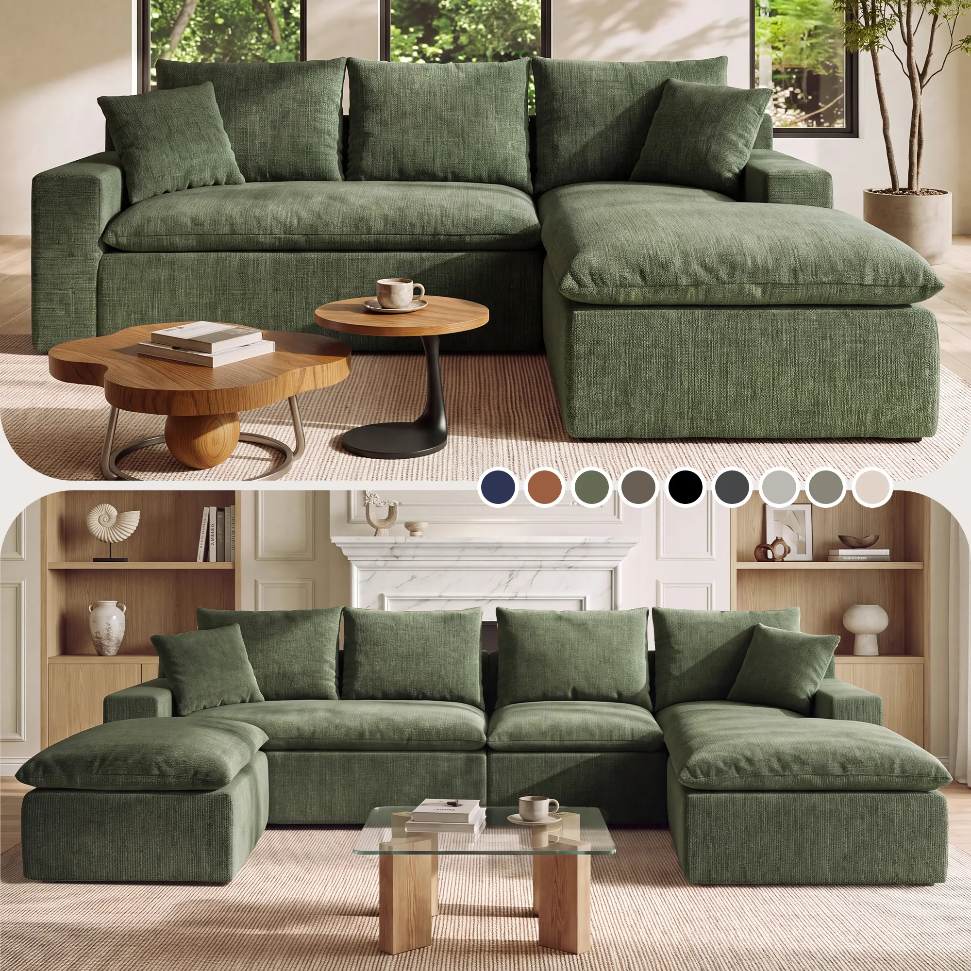 【2 Packages Shipping】118"&92.5" Cloud modular couch Chenille fabric boneless sectional couch Deep seat couch for living room 0113GE