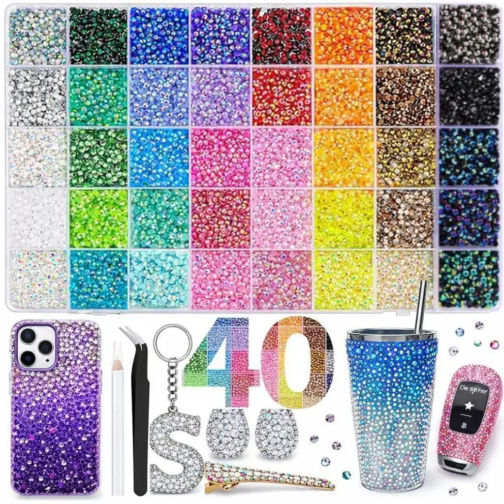 40 Color with 40000Pcs Jelly Rhinestones synthetic beads With Kit for Bedazzling 3mm Multicolor synthetic beads Resin Flatback beads for diamond Art Bedazzler Kit for Crafting Book Shoes Nail Art Glitter Decorative Nails GlamGlitter christmas  gift tool