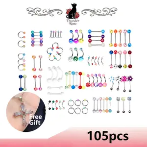 105Pcs Personalized Piercing Jewelry Set with Free Necklace, Novel Trendy Pattern Fade-Resistant Nose Tongue Rings, Premium Acrylic Mixed Body Jewelry Pack
