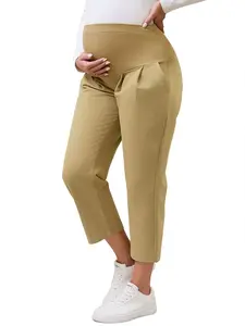INSPIRE CHIC Women's Cotton Maternity Pants Straight Slacks Casual Over Belly Cropped Pregnancy Trousers with Pockets Khaki