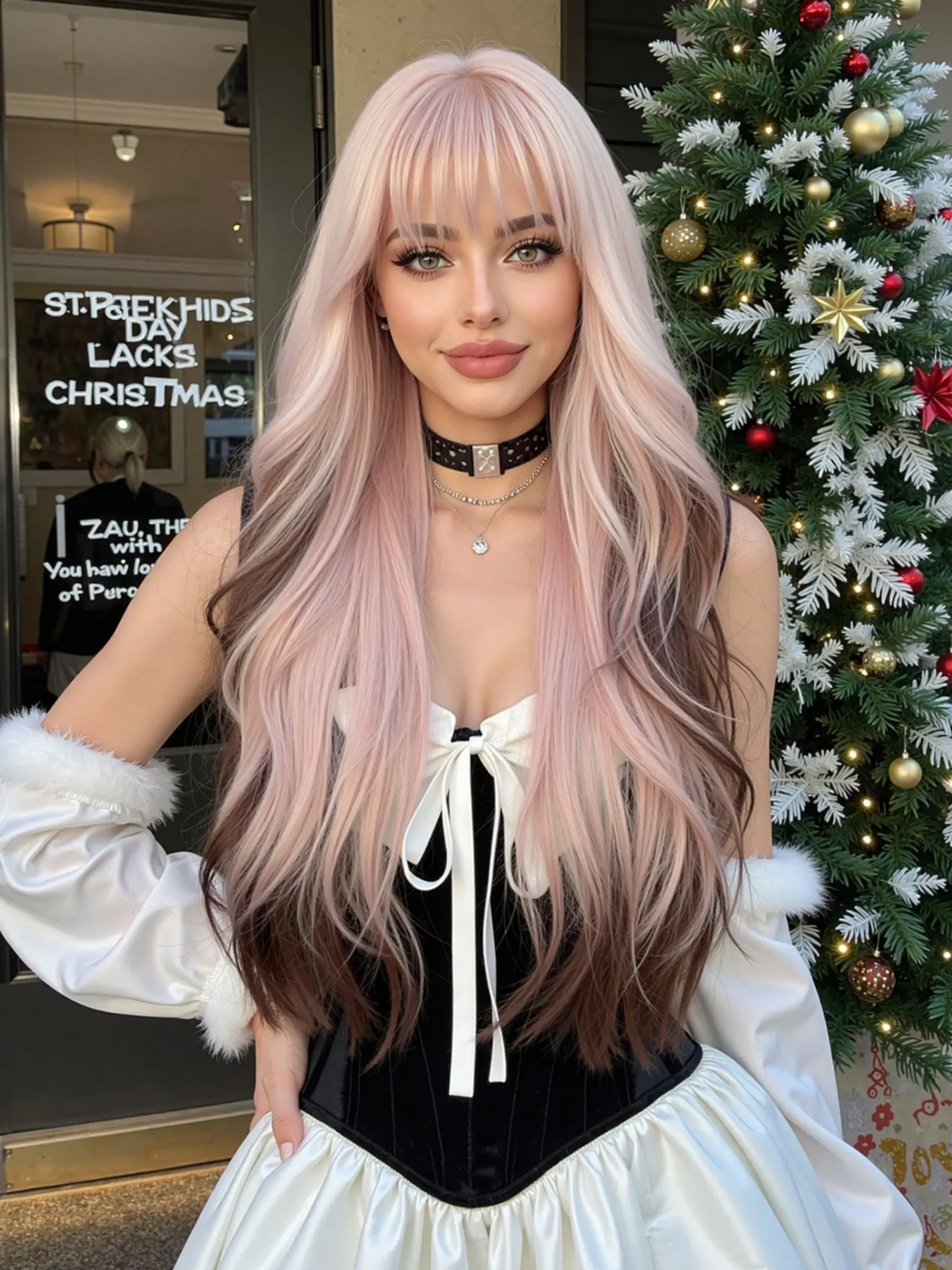 28 Inch Gradient Wig, Long Curly Bangs, Christmas Wear, Full Headset Fashion Daily Use, Heat Resistant Fiber, All Seasons, Wavy Ombre Wig, Synthetic Fiber Wig