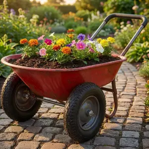 GAOMON Red Garden Wheelbarrow Cart, Heavy Duty Utility Cart with Dual Wheels and Built-in Stand, Iron and Plastic Yard Cart for Home, Lawn and Garden
