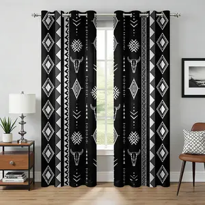 2 Panels Tribal Bull Skull Aztec Blackout Curtains Sun Blocking Noise Reducing Window Treatments with Black White Southwestern Pattern for Bedroom Living Room Office Dorm Rustic Western Boho Room Decor