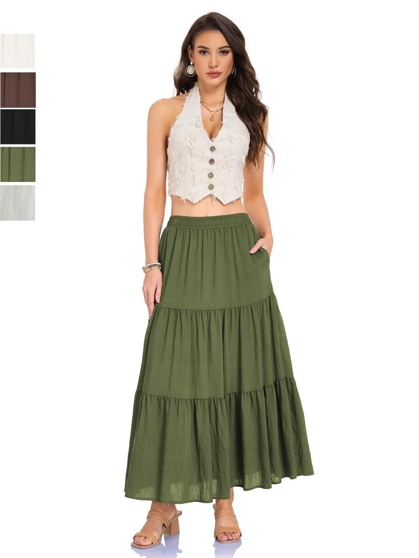 Spring Summer High-Waist Loose-Fit Skirt with Pockets, Elastic Waist Design, Long A-Type Skirt for All Seasons, Casual Daily Wear