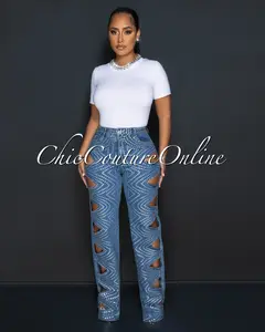 *Ketty Medium Denim Rhinestones Cut-Out Jeans