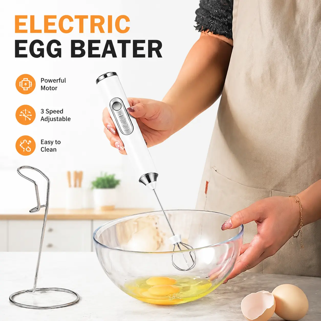 Rechargeable Cordless Handheld Milk Frother, High Power 3-Speed Adjustable Electric Whisk with 3 Heads, Stainless Steel Stand, Portable Size Coffee Equipment for Powder Drinks