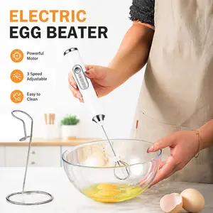 Handheld Milk Frother with 3 Heads, Rechargeable 3-Speed Adjustable Electric Coffee Mixer & Whisk, Stainless Steel Stand, Coffee Equipment for Powder Drinks
