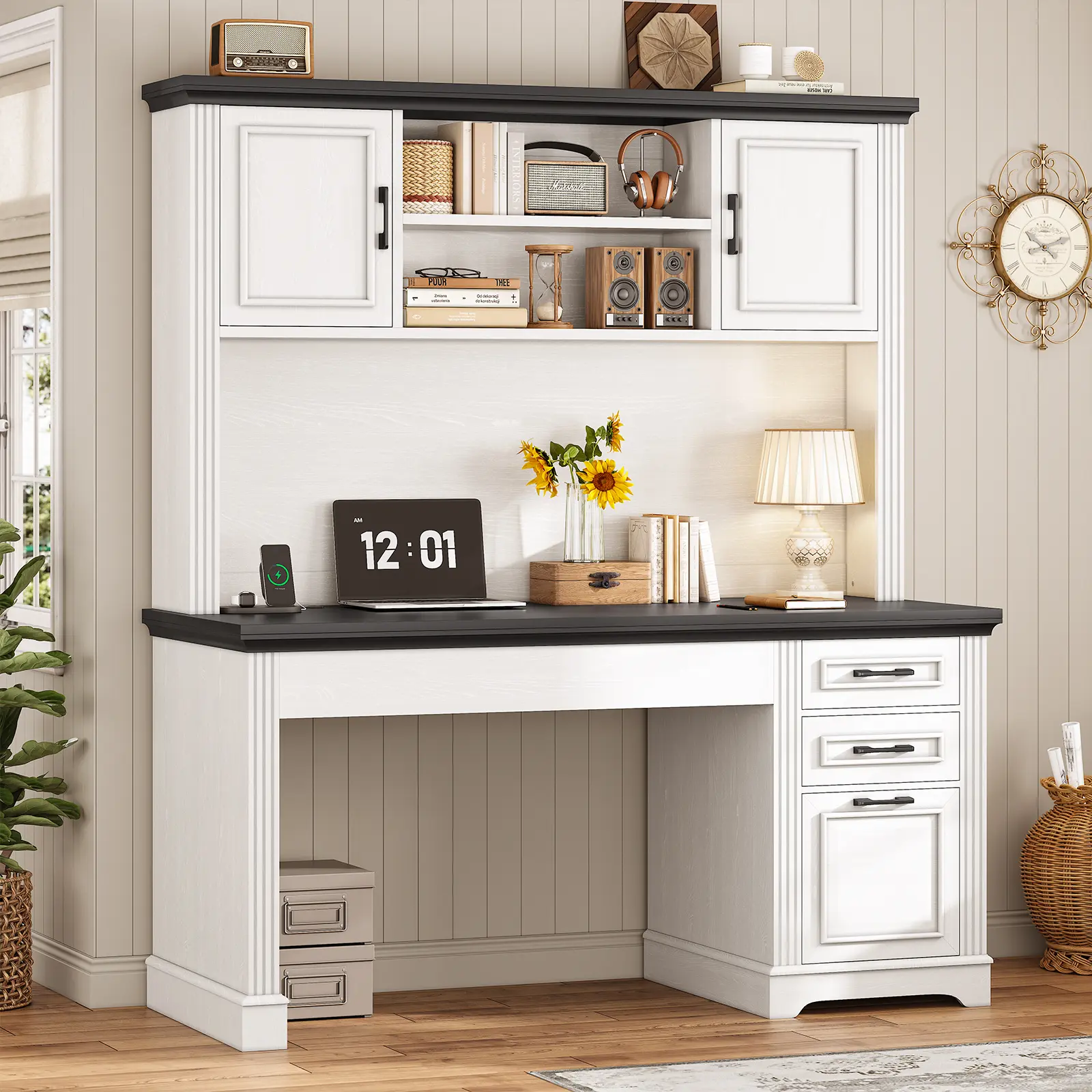 Sedeta 47.2-in Farmhouse Wooden Rectangular Executive Desk - Home Office Desks with Large Stable Surface, Sliding Wood Drawers, Storage Drawer Platform, Hutch Shelf, Commercial Office Furniture for Study