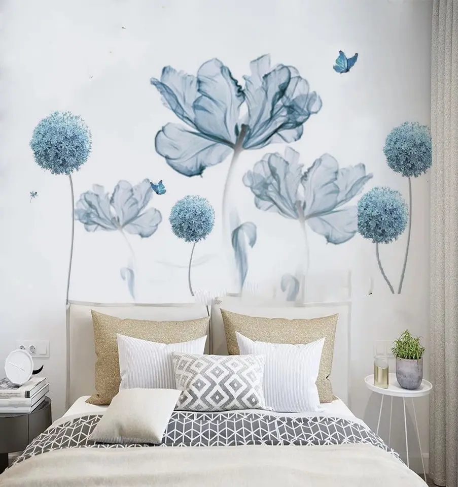 ARAWARA Blue Flowers Wall Decals Large Wall Art Decal Home Wall Flower Vinyl Removable Mural for Living Room Bedroom School Home Office ( Set of 2 variants) Decorative Decor Nursery Sticker