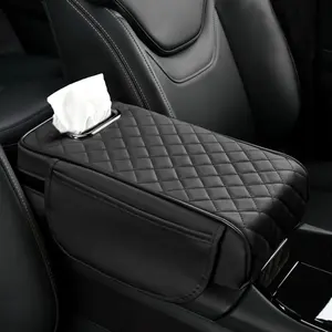 Car Center Console Cover, 13"×7.09"×2.95" Leather Car Armrest Cover with Pockets & Tissue Box, Comfortable Auto Armrest Cushion, Universal Arm Rest Protector for Car SUV Truck (Black)