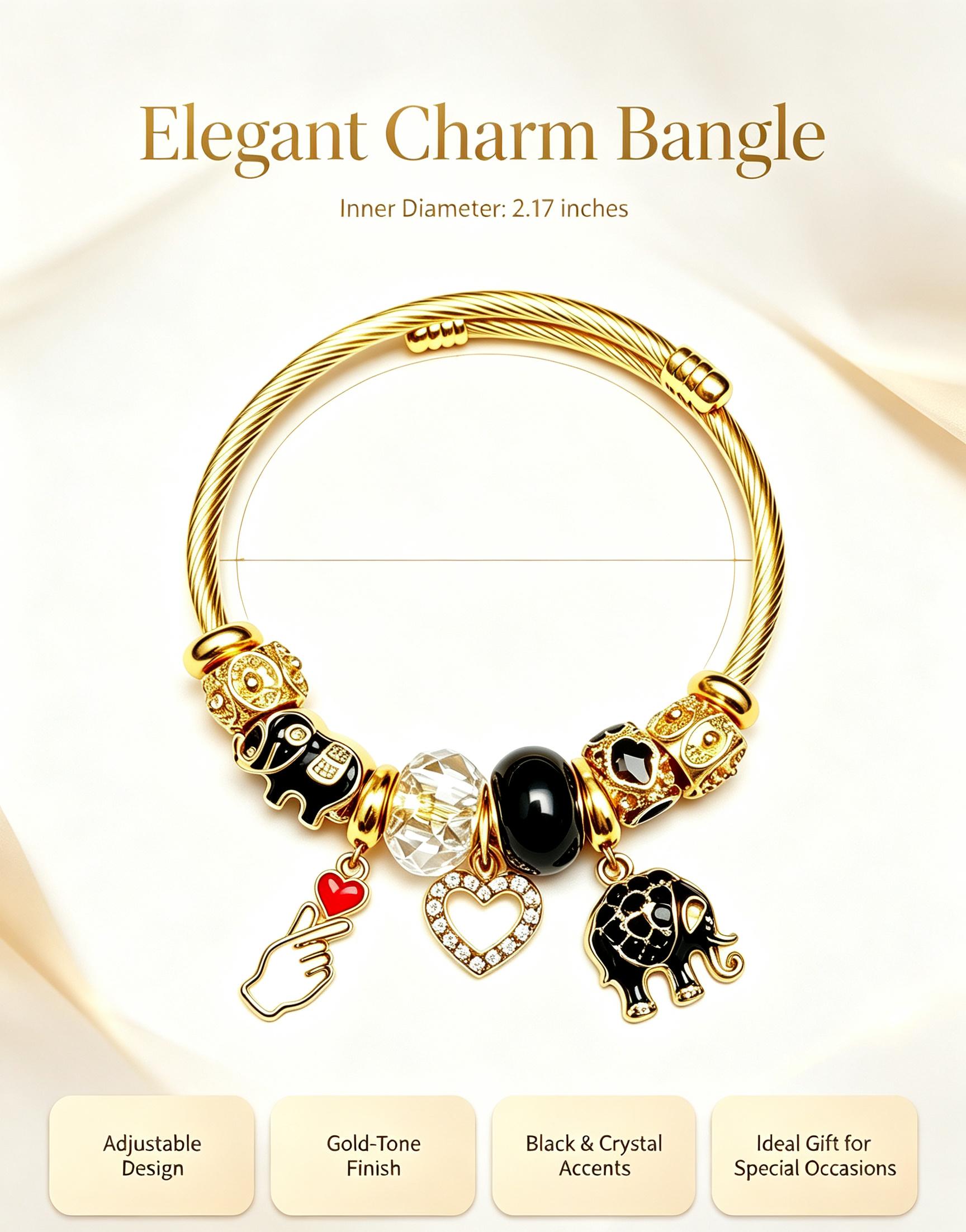 Gold-Tone Adjustable Cable Wire Charm Bangle Bracelet for Women, Elephant Heart Crystal Hand Charms Cuff Bracelet, Fashion Jewelry Gift