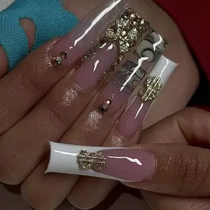 24 Pcs Nude Money Symbol Nail Art Set, Long Bling Rhinestone Vintage Design, Includes Jelly Glue & File, Perfect for Holidays, Daily Wear, School, Office, Party