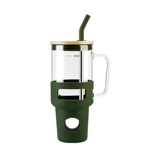 Premium 32oz Borosilicate Glass Tumbler with Handle & Silicone Sleeve - Leak-Proof Insulated Mug for Hot & Cold Drinks, Time Markings, Lid, Cup for Camping Hiking Gym Home Office