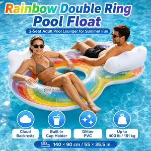 Rainbow Double Ring Inflatable Pool Float, 140x90cm/55x35.5in 2-Seat Adult Pool Lounger with Cloud Backrests, Cup Holders & Glitter PVC, Heavy Duty Pool Floaties up to 400lb for Couples, Beach, Lake, Swimming Pool & Summer Party