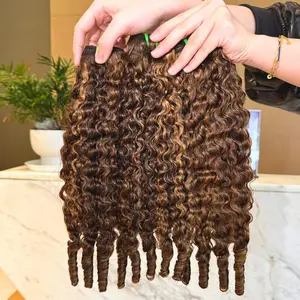 AUROO P4/27 Burmese Curly Bundles Human Hair, 15A Honey Blonde Highlight Colored 3 Bundles 3c4a Water Wave with Spiral Curly End, 100% Unprocessed Raw Hair Thick Ombre Weave for Women