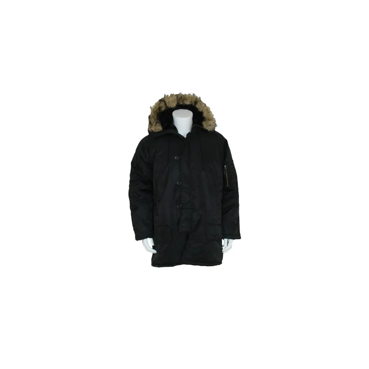 Men's Black Military N-3B Style Hooded Parka Coat - Menswear, Water Repellent Nylon Jacket with Fur-Rimmed Hood, Fiberfill Insulation, Pocket, Tops