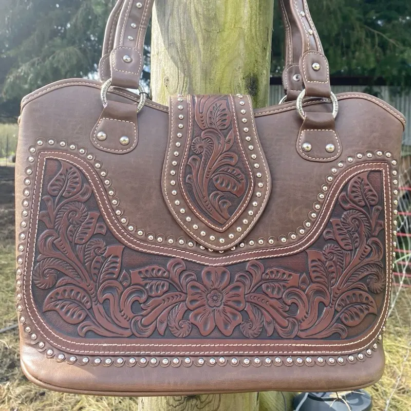 Montana West Brown Tooled Purse with Stud Accents