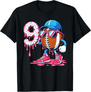 Football 9 Year Old Ice Cream Drip 9th Birthday T-Shirt - Cotton Fabric Youth Boys Girl T-shirt