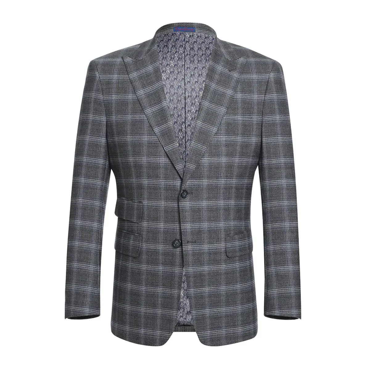 Mens Designer Two Button Slim Fit Peak Lapel Ticket Pocket Suit in Grey Blue Windowpane Plaid