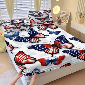 3Pcs American Flag Butterfly Fitted Sheet Set with 2 Pillowcases, Patriotic Red White Blue Print Deep Pocket Elastic Mattress Cover, USA Flag Themed Bedding for Independence Day, Soft Microfiber Non-slip Bedspread for Bedroom Decor
