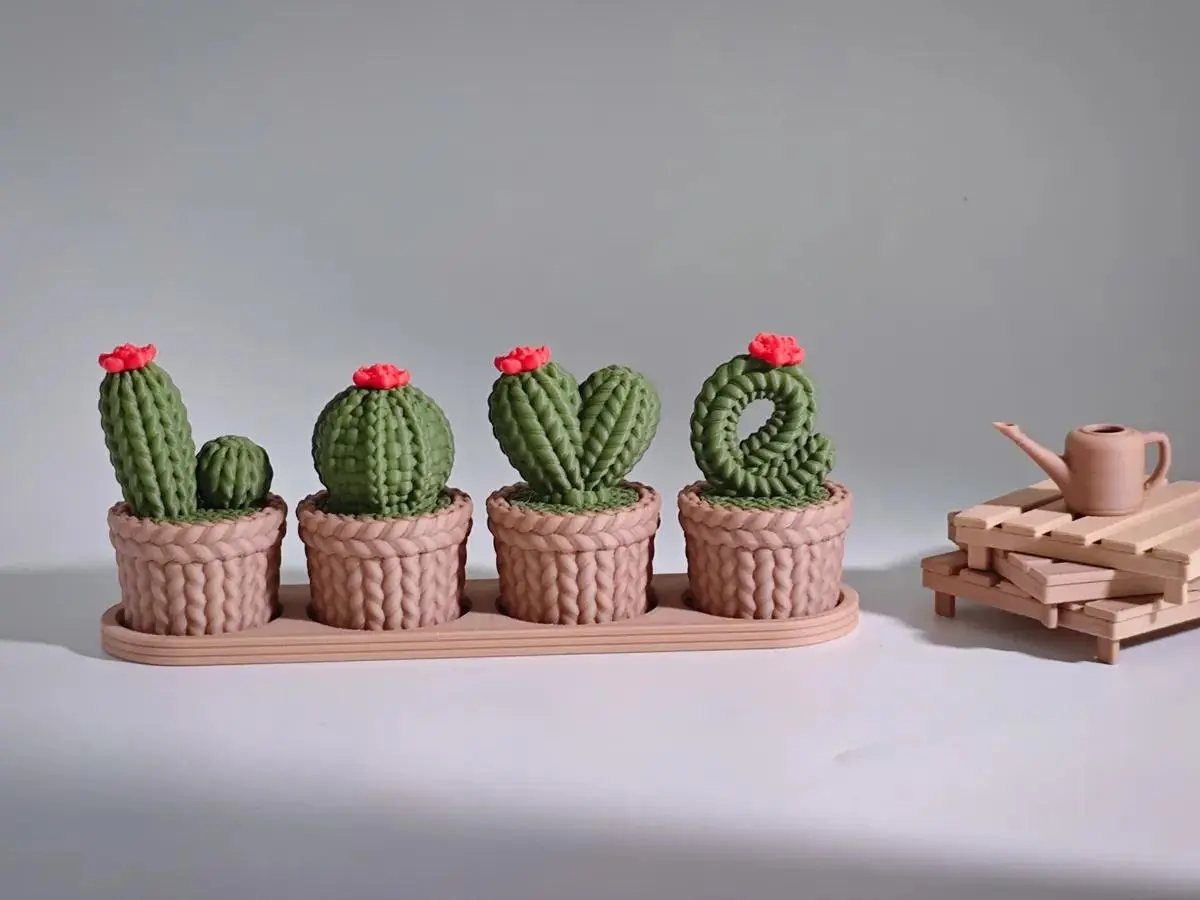Decorative Mint Chunky Knit Faux Cactus Set with Love Sign - Low-Maintenance Everlasting Artificial Plant in Pot, House Decor, Cozy Shelf Decor, Hand-Crocheted Texture Plant Lover Gift