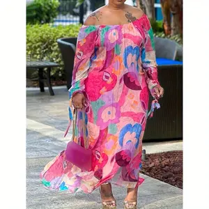 Casual vacation print halter off-the-shoulder one-word collar dress