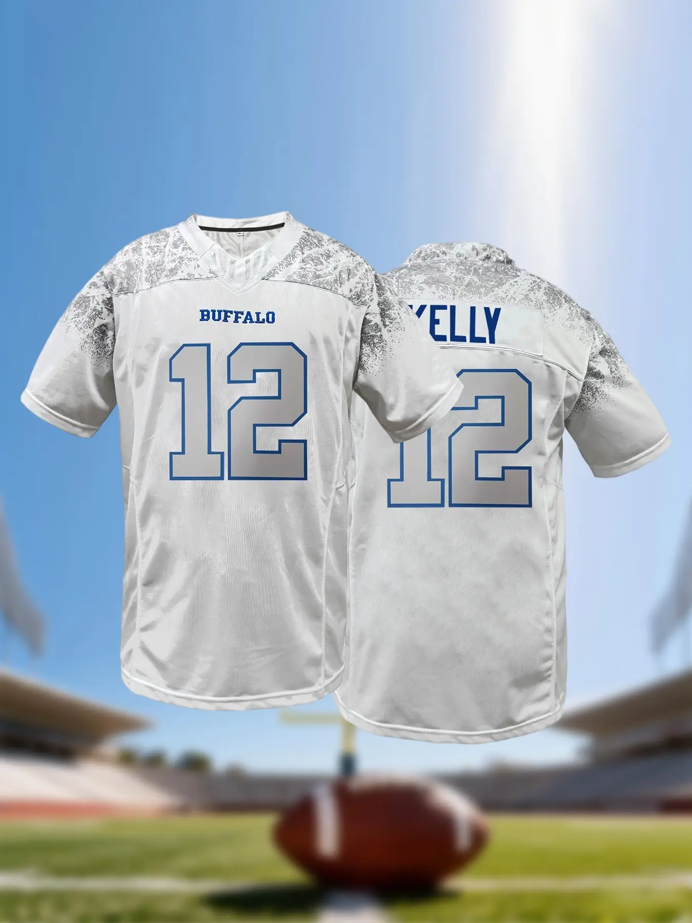 Men's #12 White American Football Jersey, Buffalo Embroidery, V-Neck Loose Fit Short Sleeve Sports Football Shirt, Sportswear, Sports Clothing, Suitable For Casual Everyday Wear, Match Training, Street Hip-Hop Style, Unisex, Sports Top