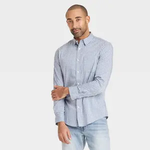 Men's Comfort Wear Long Sleeve Shirt - Goodfellow & Co Blue S: Plaid, Lightweight, Button Down