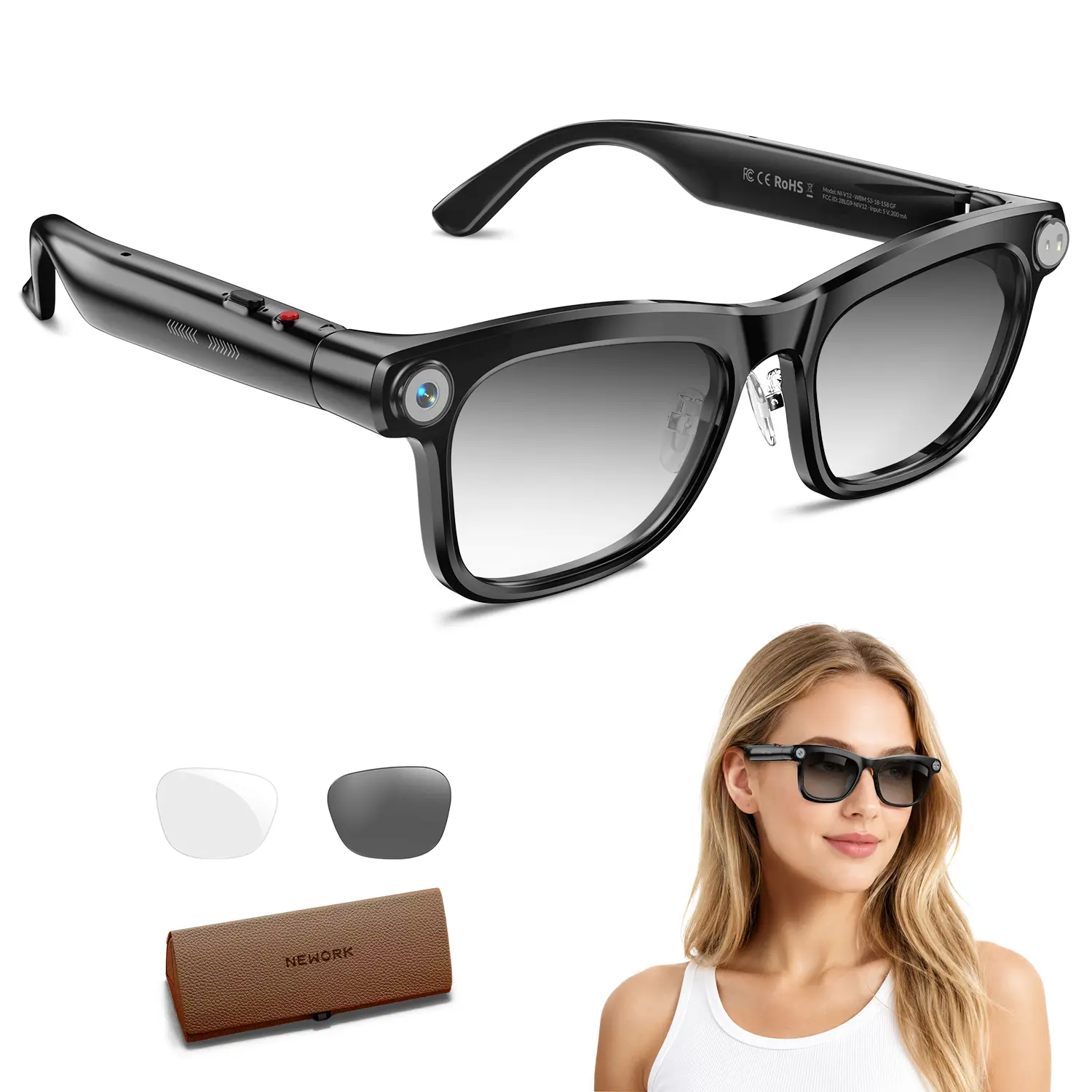 Nework AI Smart Glasses with 8MP Camera, Real-Time Translation, ChatGPT AI Assistant, Photochromic Lenses, Bluetooth Open-Ear Audio, Hands-Free Video Recording & Smart Voice Control for Travel, Outdoor & Daily Life