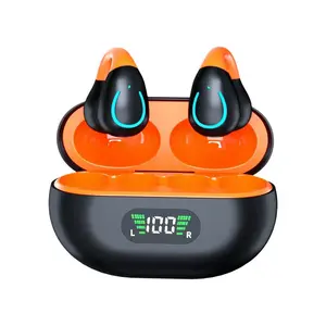 Open Ear Bone Conduction Headphones Bluetooth Wireless Clip On Earbuds with Digital Display Charging Case 60 Hours Playtime IPX4 Waterproof Sports earphones for Running, Walking, Workout(Black Orange)