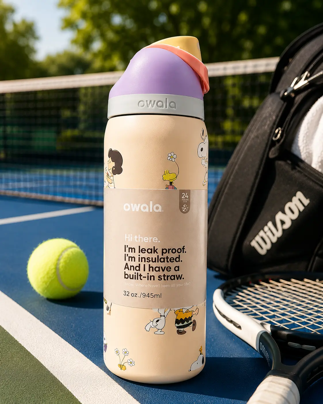 Owala FreeSip 32oz Cream Beige Water Bottle with Lavender Purple Lid Coral Lock Built In Straw Leakproof Double Wall Vacuum Insulated Stainless Steel BPA Free Sports Gym Outdoor Travel Bottle