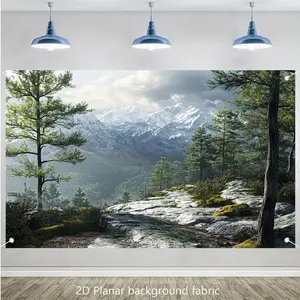 1pc 2D Flat Mountain Forest Tapestry - Pine Trees, Rocks & Snow Peaks Landscape Backdrop Cloth - Realistic Nature Scenery Wallpaper Living Room, Wedding, Decor - Polyester