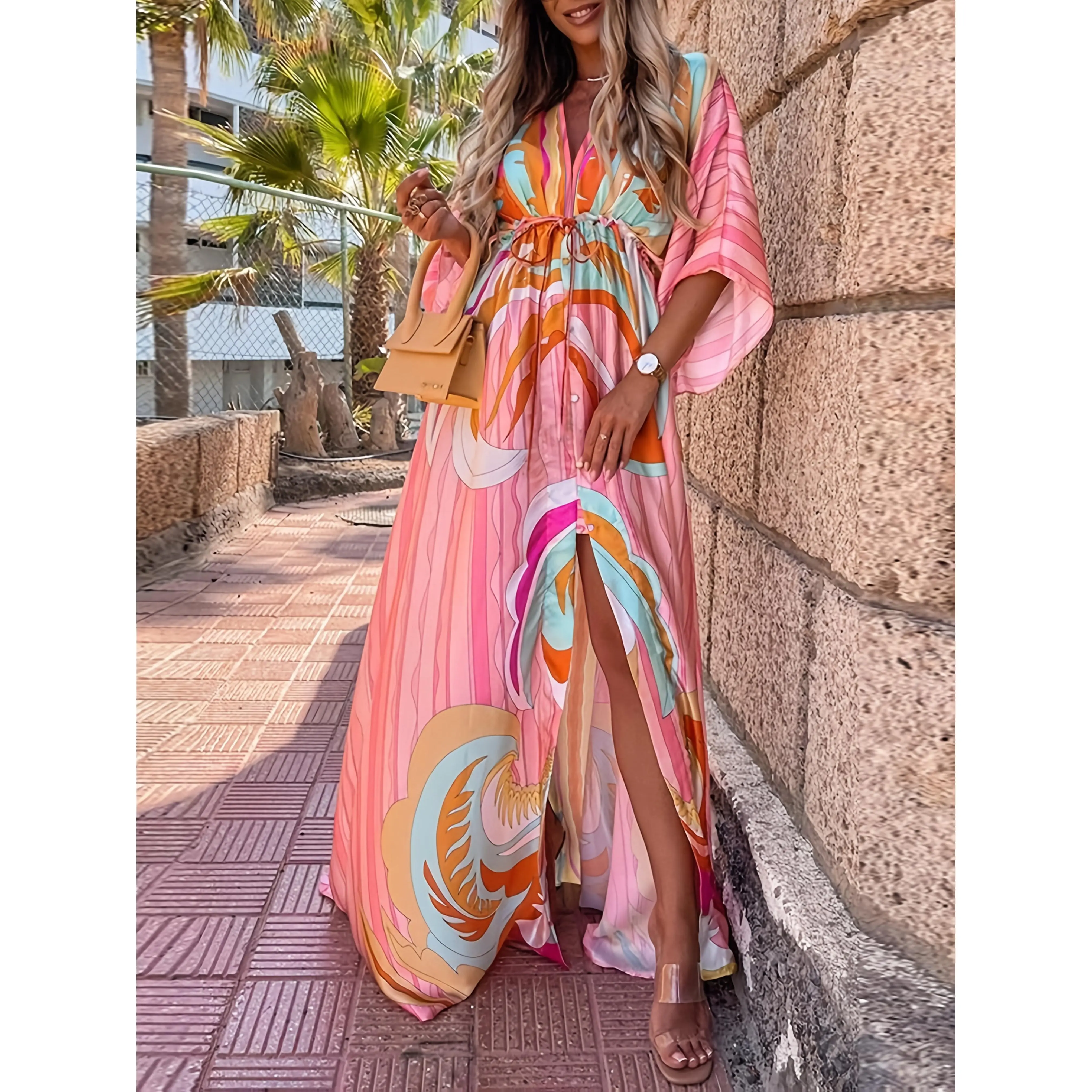 Vibrant Tropical Maxi Dress] Polyester Women's Vibrant Tropical Print Maxi  Dress - Loose Fit, V-Neck, Long Sleeve, Perfect for Vacation and Casual  Attire - TikTok Shop