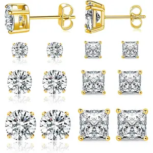GEMSME 6 Pairs Earring Set 3mm/5mm/7mm Princess and Round Cubic Zirconia Earrings Hypoallergenic Stainless Steel CZ Suitable for Popular Women and Men E-0992