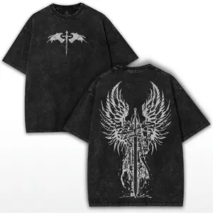 Angel Sword Oversized Vintage Washed Tee – Heavy Cotton Black Shirt with Gothic Winged Blade Graphic | Faithcore Streetwear Drop Menswear Top y2k,Vintage,Streetwear Christmas gift,Thanksgiving gift,Cyber Monday heavy cotton t-shirt vintage casual menswear