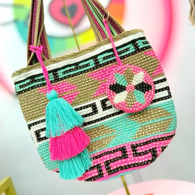 Handmade Crystal Tote Bag with Matching Round Zipper Coin Purse | Rhinestone Artisan Shoulder Bag Bundle