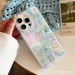 2026 2027 INS Aesthetic Underwater Iridescent Jellyfish Colony Phone Case for iPhone 17 Pro Max 16 Pro Max 15 Pro Max 14 13, White IMD In-Mold Decoration Soft TPU Shockproof Anti-Scratch Full Camera Lens Protection Slim Lightweight Protective Cover