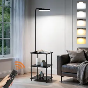 LED Floor Lamp with Table, 25W/3000LM Super Bright Floor Lamp with Remote, End Table with Lamp Attached Stepless Dimmable, Side Tables with Lamp with 350 °   Rotating Head for Living Room Bedroom Office