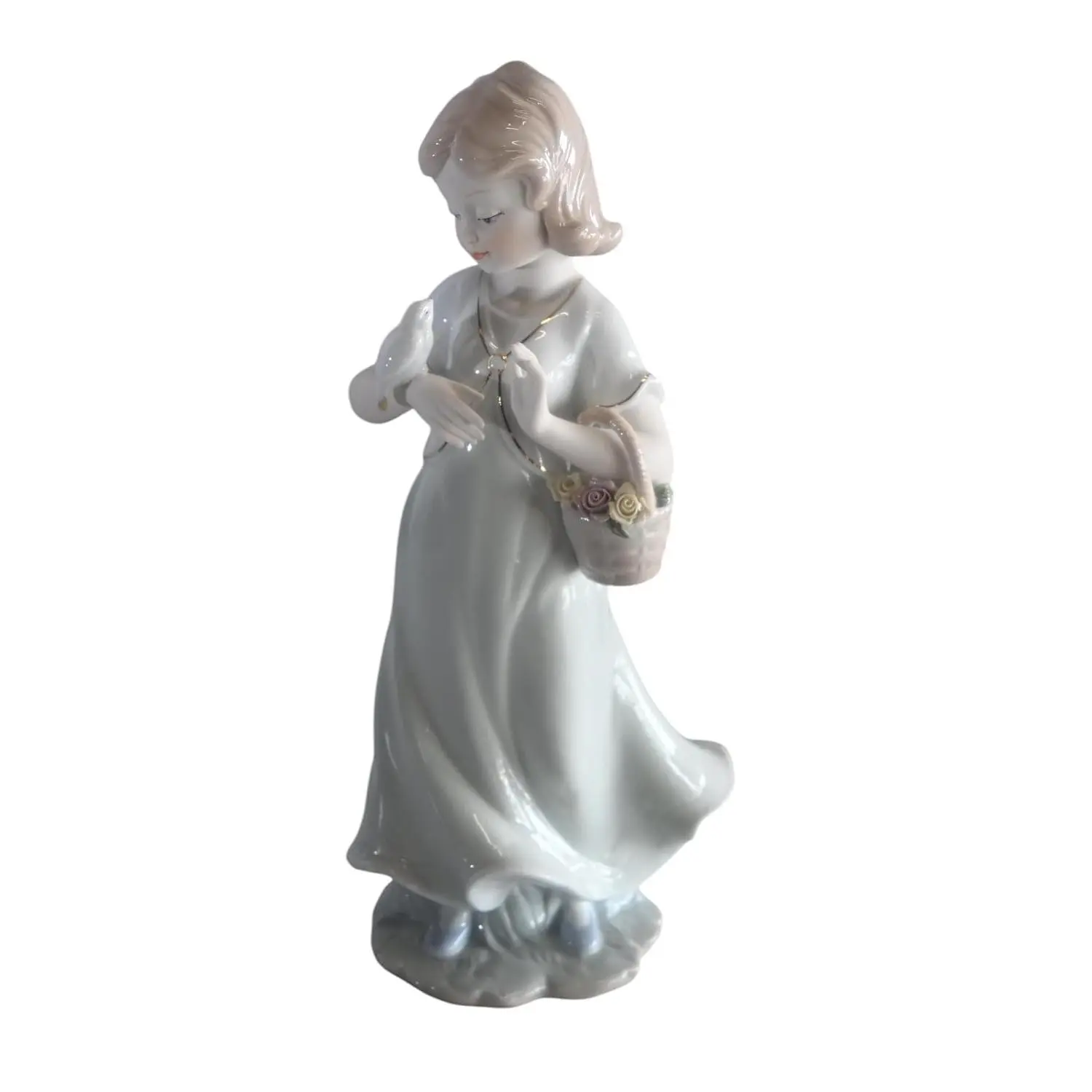 Handcrafted Porcelain Girl Figurine - 6"x4"x12"H Collectible Decor, Featuring White Doves, Flower Basket, Flowers, for Shelf Display