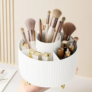 360° rotating cosmetics storage box - cosmetics storage box, display box with 5 compartments - multifunctional brush, lipstick, skin care and stationery storage box - durable and odorless luxury stripe design desktop storage box