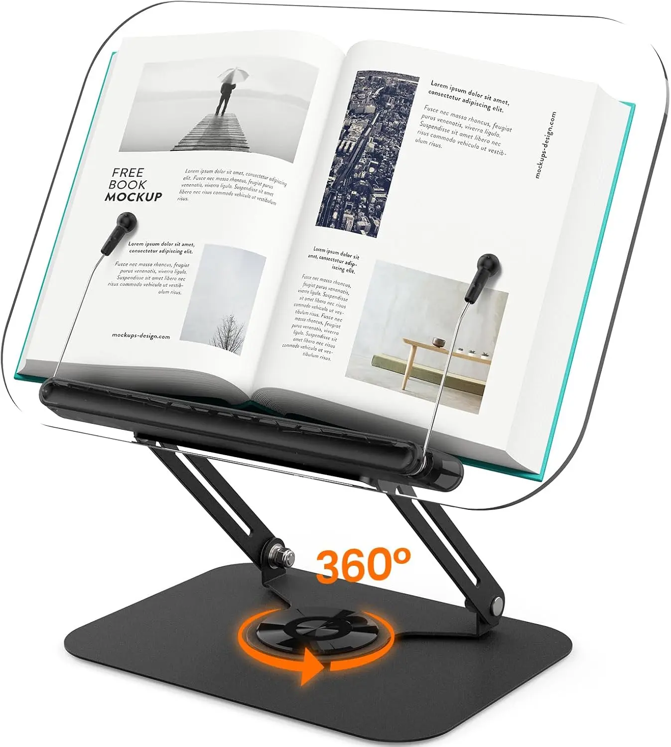 Black Adjustable Acrylic Book Stand for Reading - Foldable Desktop Copyholder with 360° Rotating Base, Elastic Page Clips, Compatible with Cookbook, Laptop, Tablet