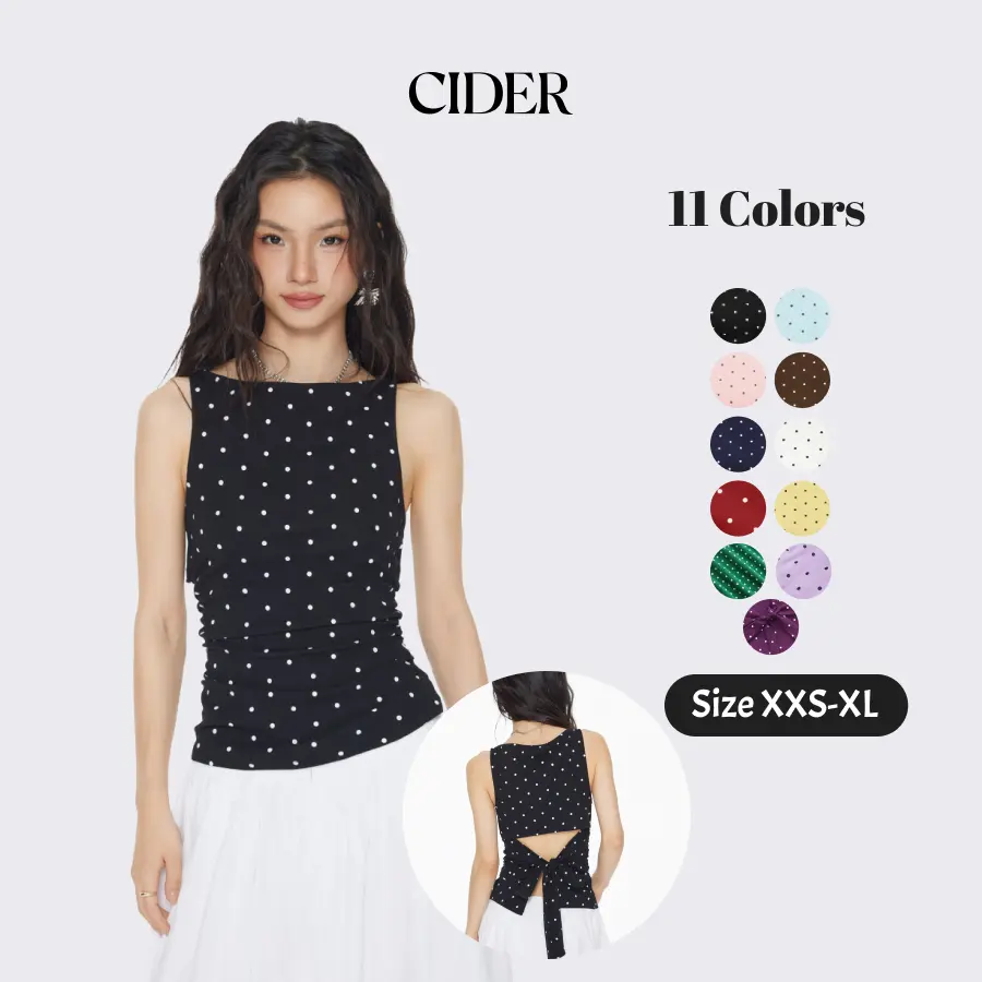 Cider Cotton-blend Boat Neck Knotted Polka Dot Ruched Tank Top Casual Sleeveless Tops Casual Fit Sleeveless SummerWins SummerFinds