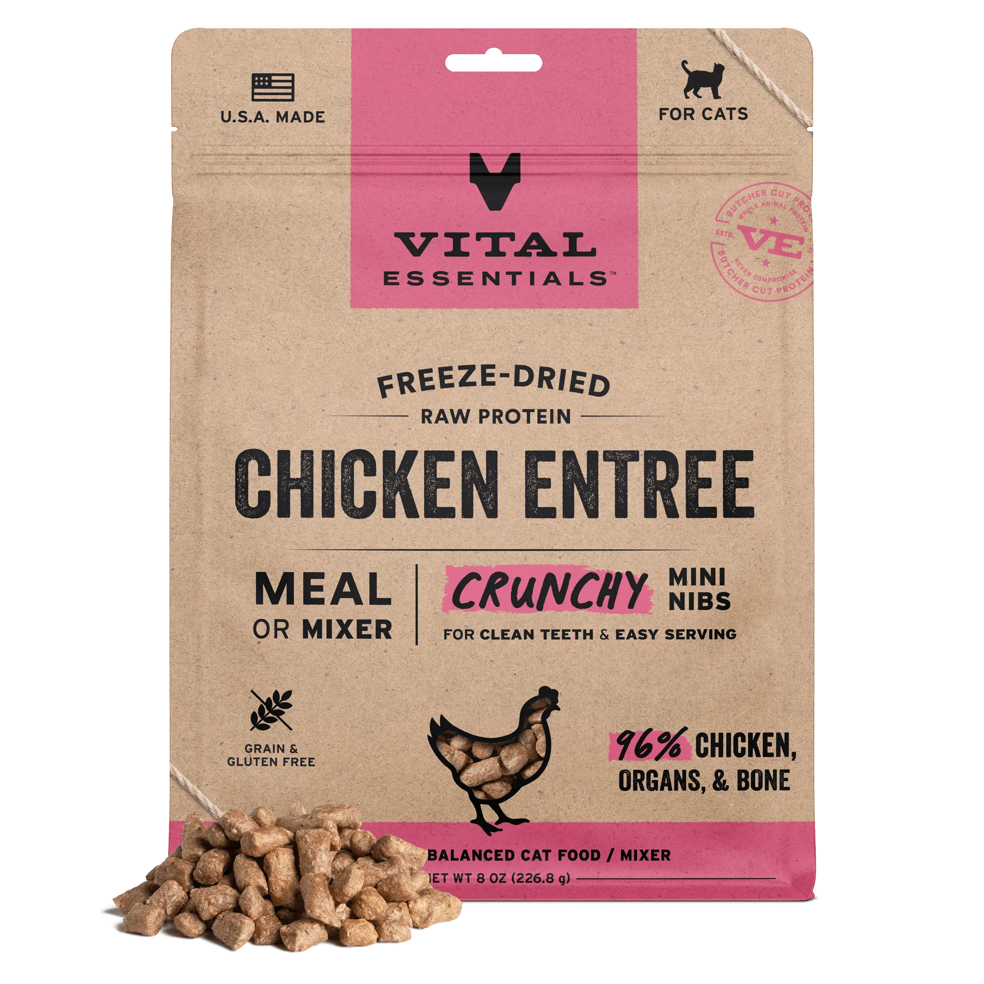 Vital Essentials Chicken Crunchy Mini Nibs Meal or Mixer Freeze-Dried Raw Cat Food, 8-oz bag