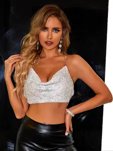 Women's Sequins Rhinestone Decor Draped Halter Neck Fitted Crop Top, Sexy Fashion Backless Chain Linked Top for Party Club, Summer Outfits 2024, Ladies Summer Clothes